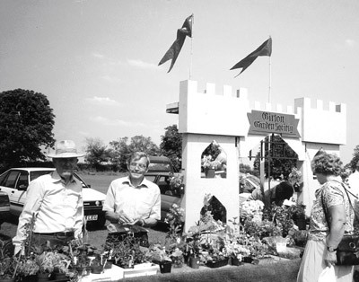 Chairman John Brookes, assisted by Treasurer Harold Ballinger, man the Girton Garden Society plant stall on the Recreation Ground, 1991